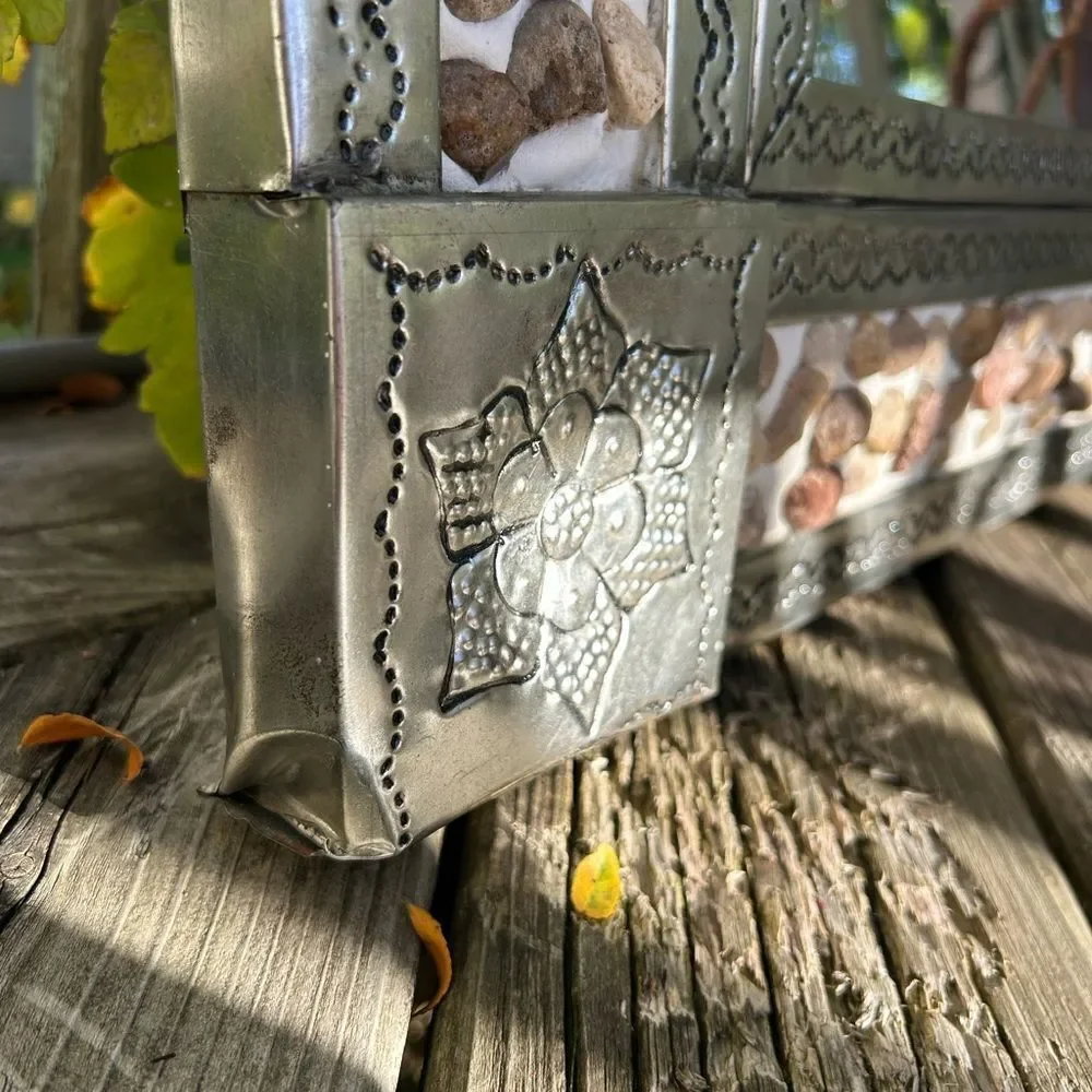 Mexican Tin Mirror Handcrafted - Rocks & Flowers 29" x 25" - Picture 4 of 16